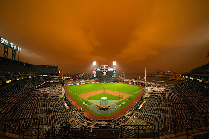 Smoke filled sky at Giants' Oracle Park